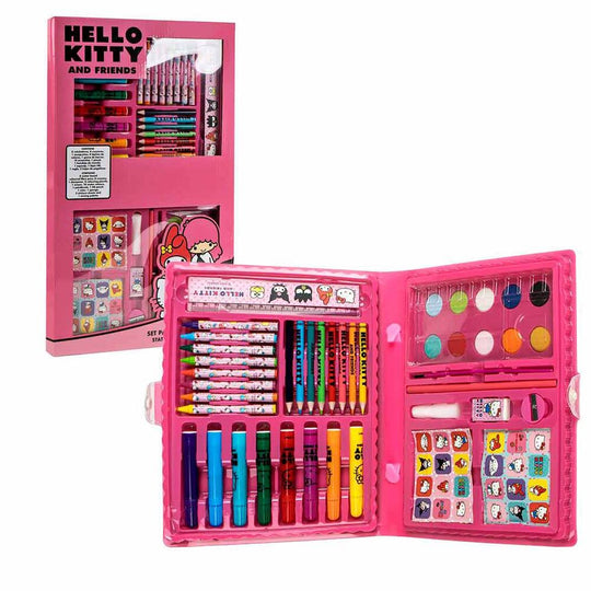 Vue du set de papeterie Hello Kitty à colorier CERDÁ avec ses fournitures colorées et thème enfantin
