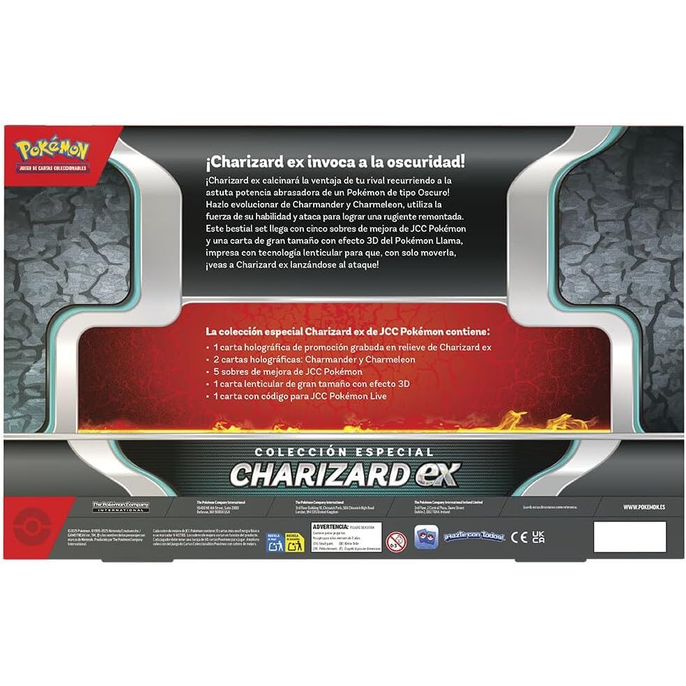 Détail du verso d'une carte Pokémon Charizard en espagnol avec illustrations colorées