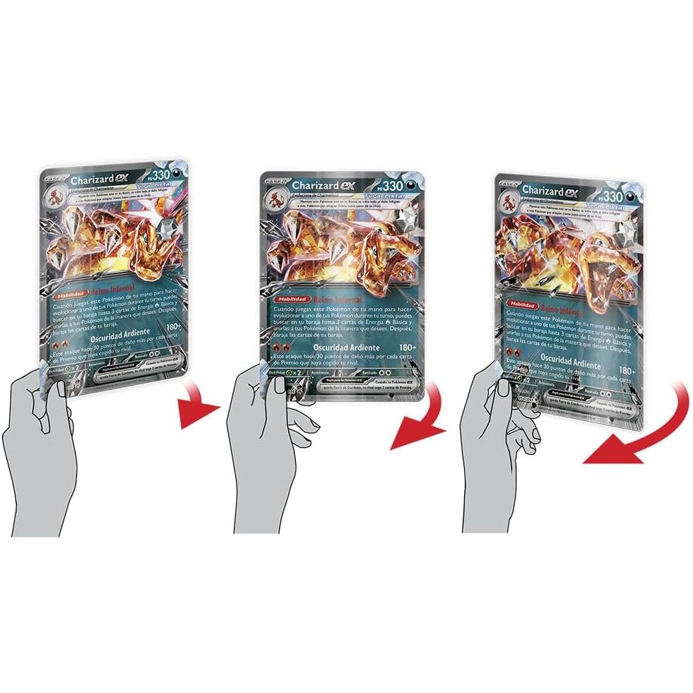 Présentation de plusieurs cartes rares du set blister Pokémon Charizard en langue espagnole
