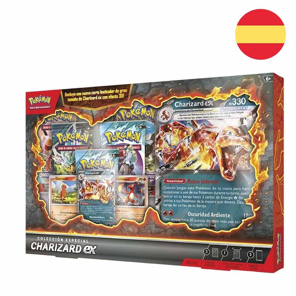 Vue du blister officiel contenant les cartes Pokémon Charizard en espagnol pour collectionneurs