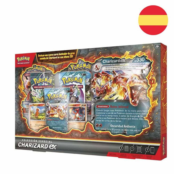 Vue du blister officiel contenant les cartes Pokémon Charizard en espagnol pour collectionneurs