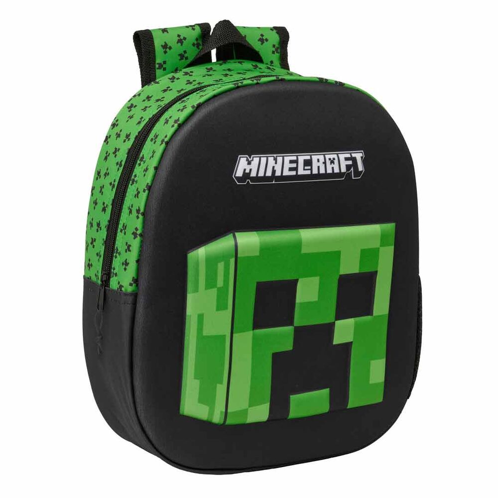 Vue avant du sac à dos Minecraft 3D SAFTA avec design thermoformé en relief et couleurs vives