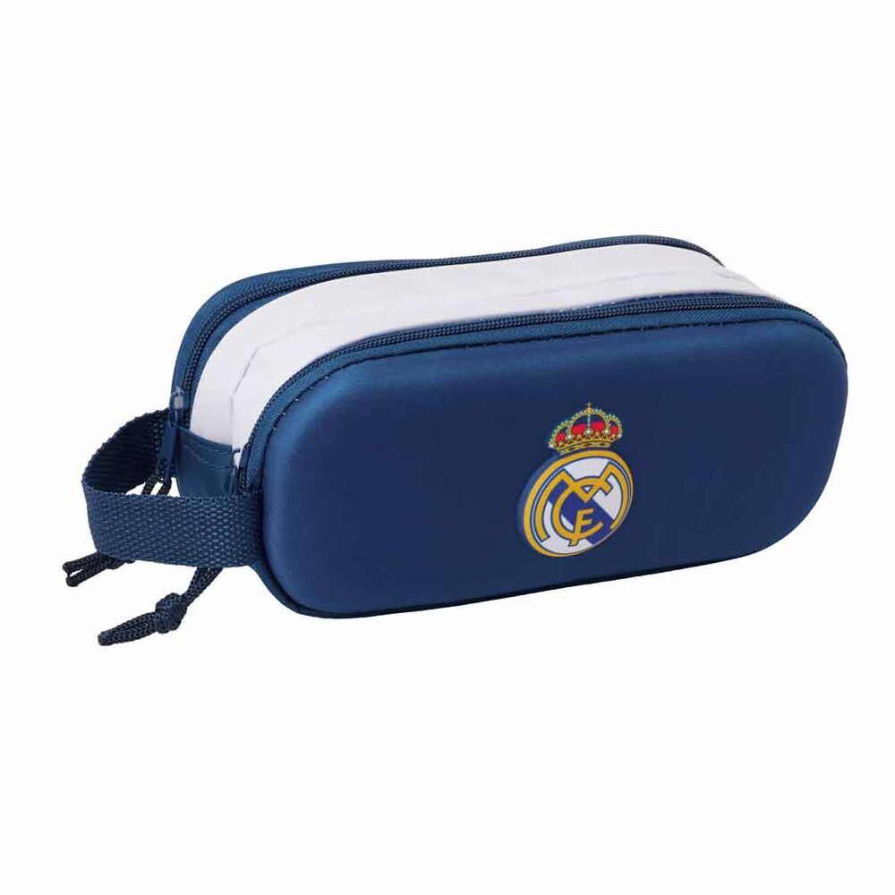 Intérieur de la trousse Real Madrid 3D montrant les deux compartiments séparés avec fermetures éclair