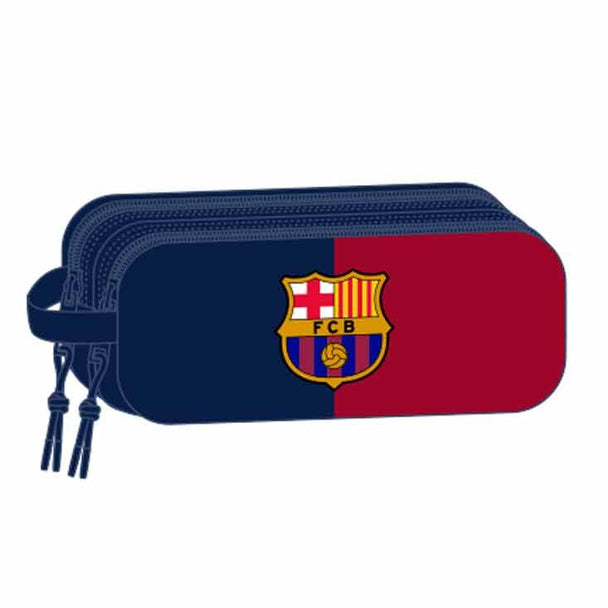 Trousse double compartiment 3D FC Barcelona officielle SAFTA avec fermeture éclair et poignée latérale, dimensions 21x6x8 cm.