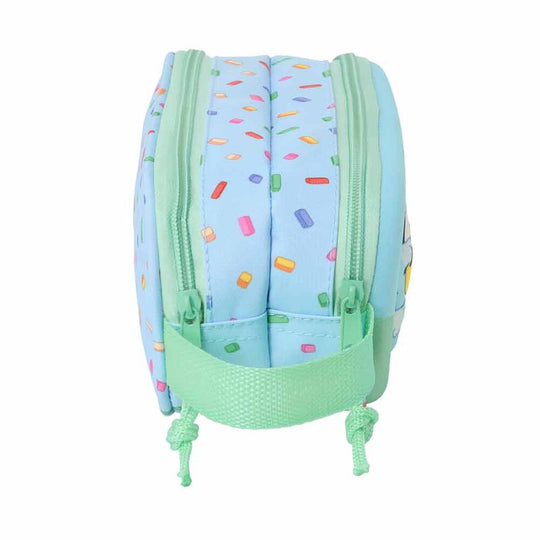 Intérieur de la trousse Bluey 3D montrant les deux compartiments séparés avec fermetures éclair.