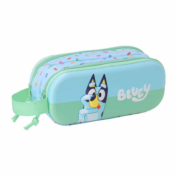 Trousse Bluey 3D SAFTA vue de face avec deux compartiments zippés et design coloré.
