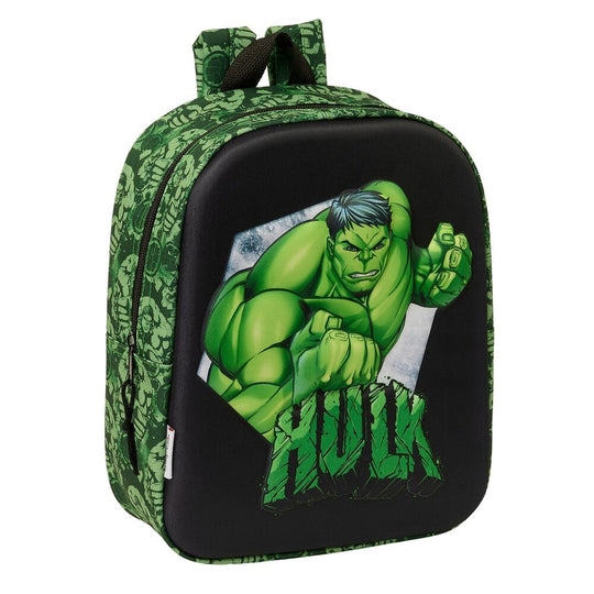 Sac à dos Marvel Hulk 3D vert pour enfants, dimensions 22x10x27 cm, avec compartiment zippé et poignée supérieure.