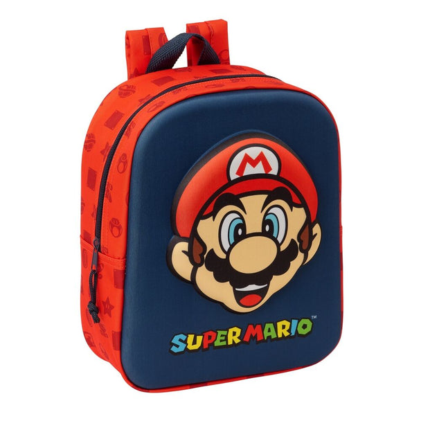 Sac à dos Super Mario Bros 3D SAFTA pour enfants, dimensions 22x10x27 cm, avec compartiment zippé et poignée supérieure.