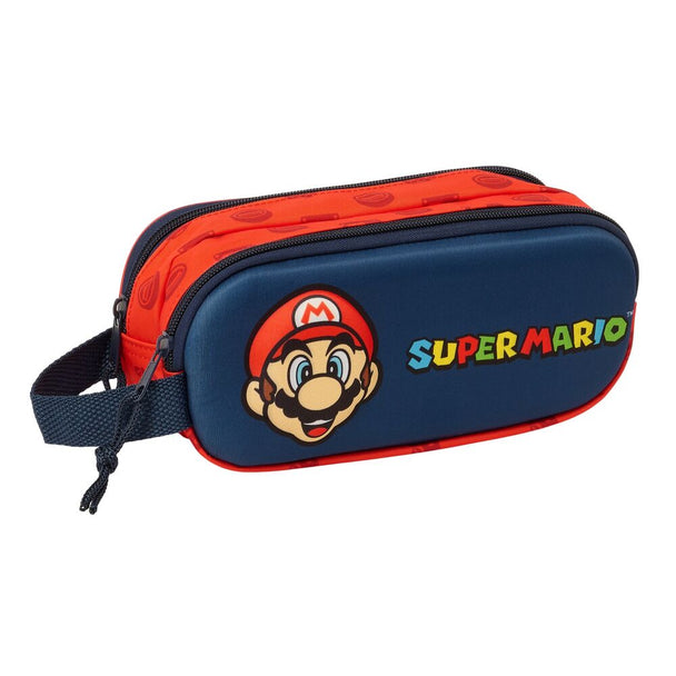 Trousse Super Mario Bros 3D double compartiment avec fermeture éclair et poignée latérale, dimensions 21x6x8 cm, design coloré et ludique.