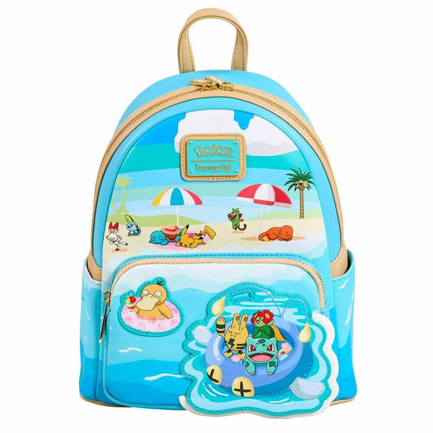 Sac à dos Loungefly Pokémon Pool Party vu de face avec motifs colorés estivaux.