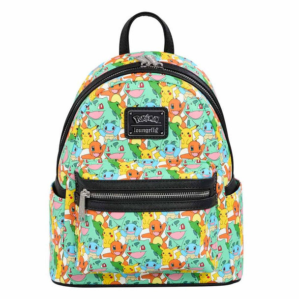 Vue avant du sac à dos Loungefly Pokémon avec design coloré et dimensions compactes