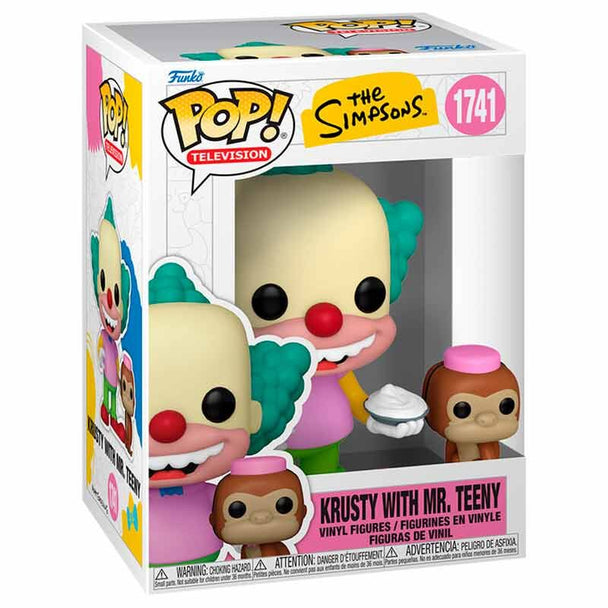 Vue rapprochée de la figurine Funko POP Krusty avec Mr. Teeny montrant les détails colorés et l'emballage collector