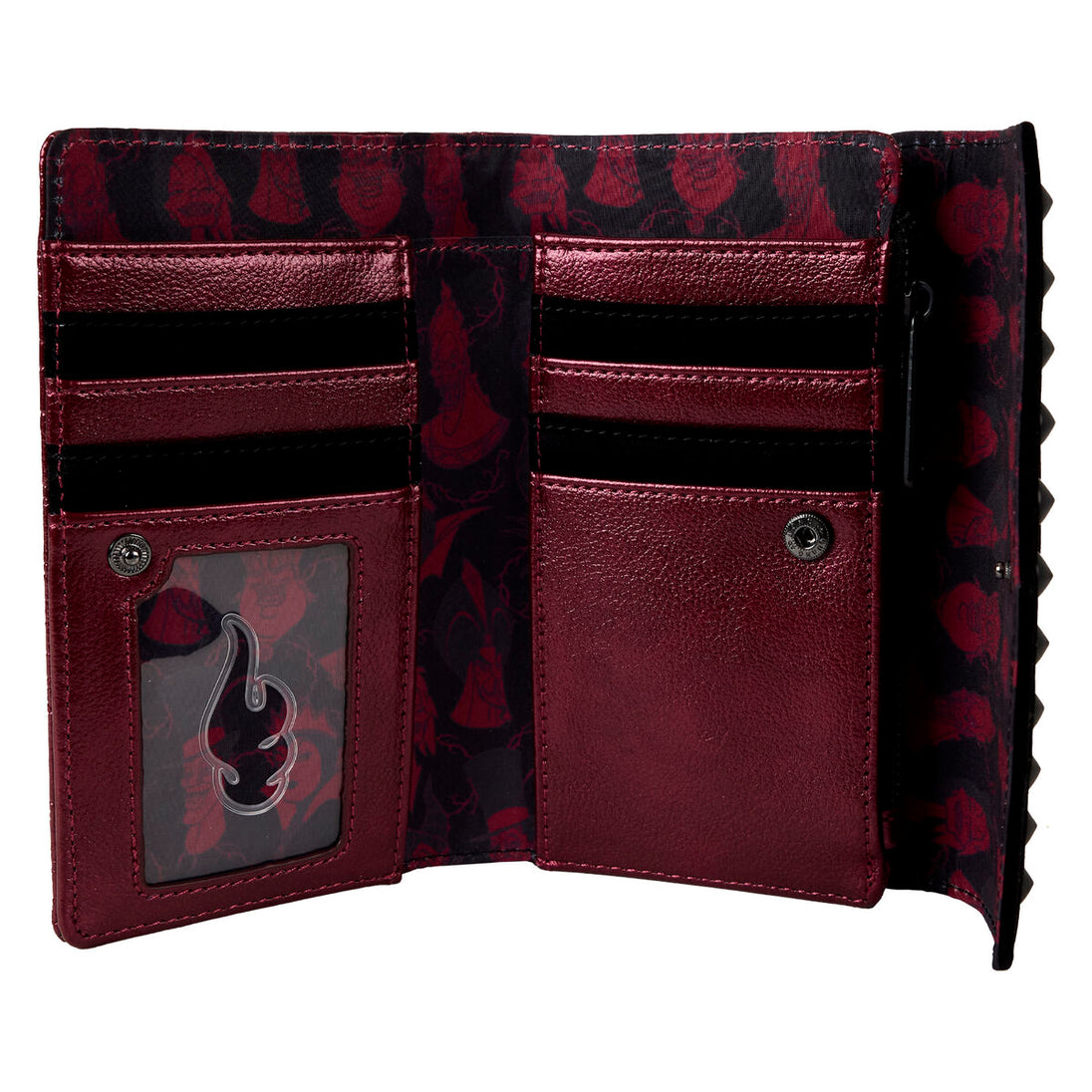 Portefeuille Loungefly Disney Villains ouvert montrant les compartiments pour cartes et billets