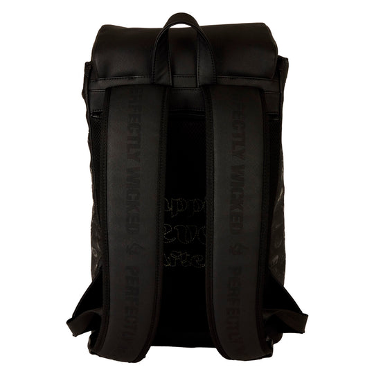 Photo du sac à dos Loungefly Disney Villains de profil mettant en valeur sa taille et ses compartiments spacieux.