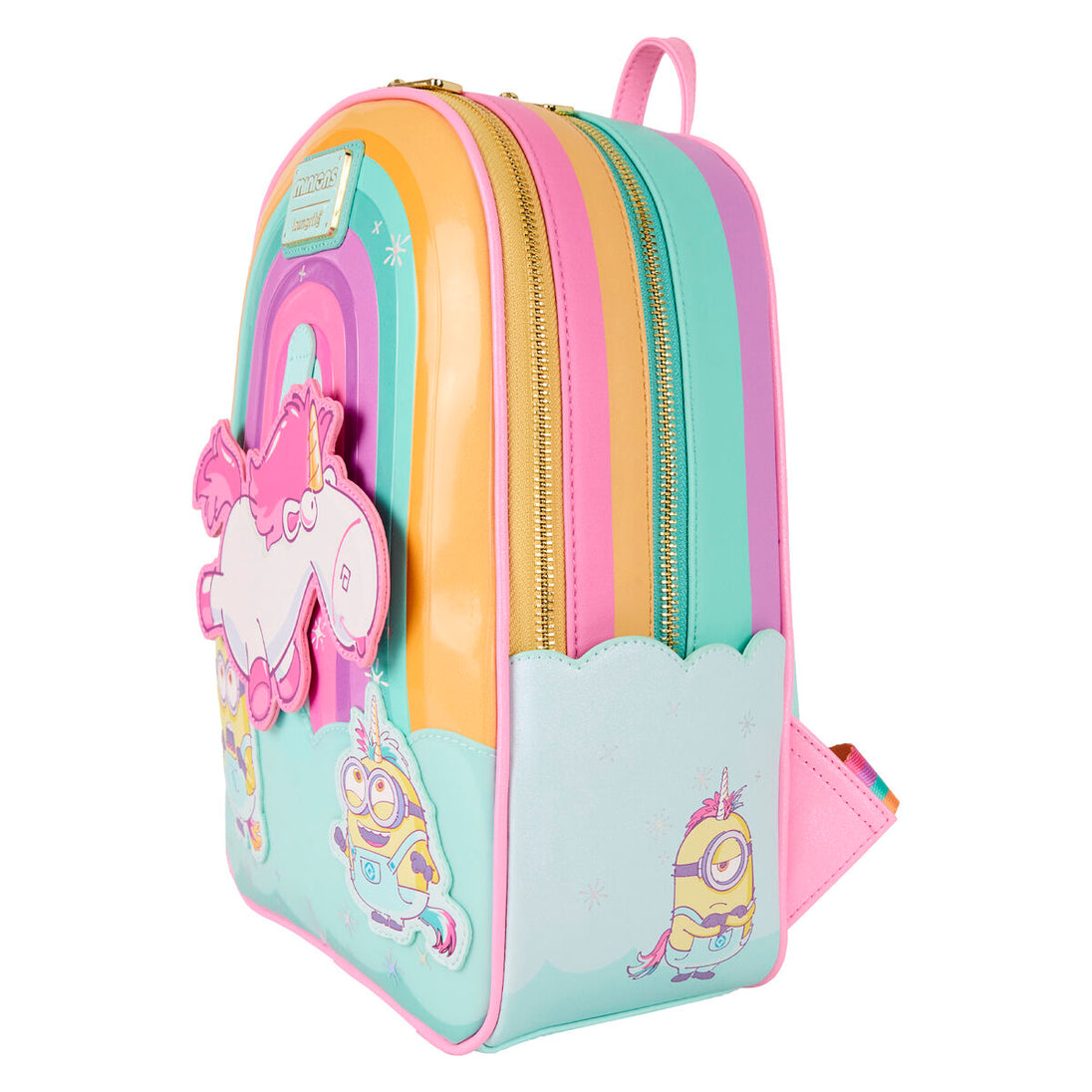 Vue latérale du sac à dos Loungefly Minions Fluffy Unicorn avec bretelles ajustables en tissu noir