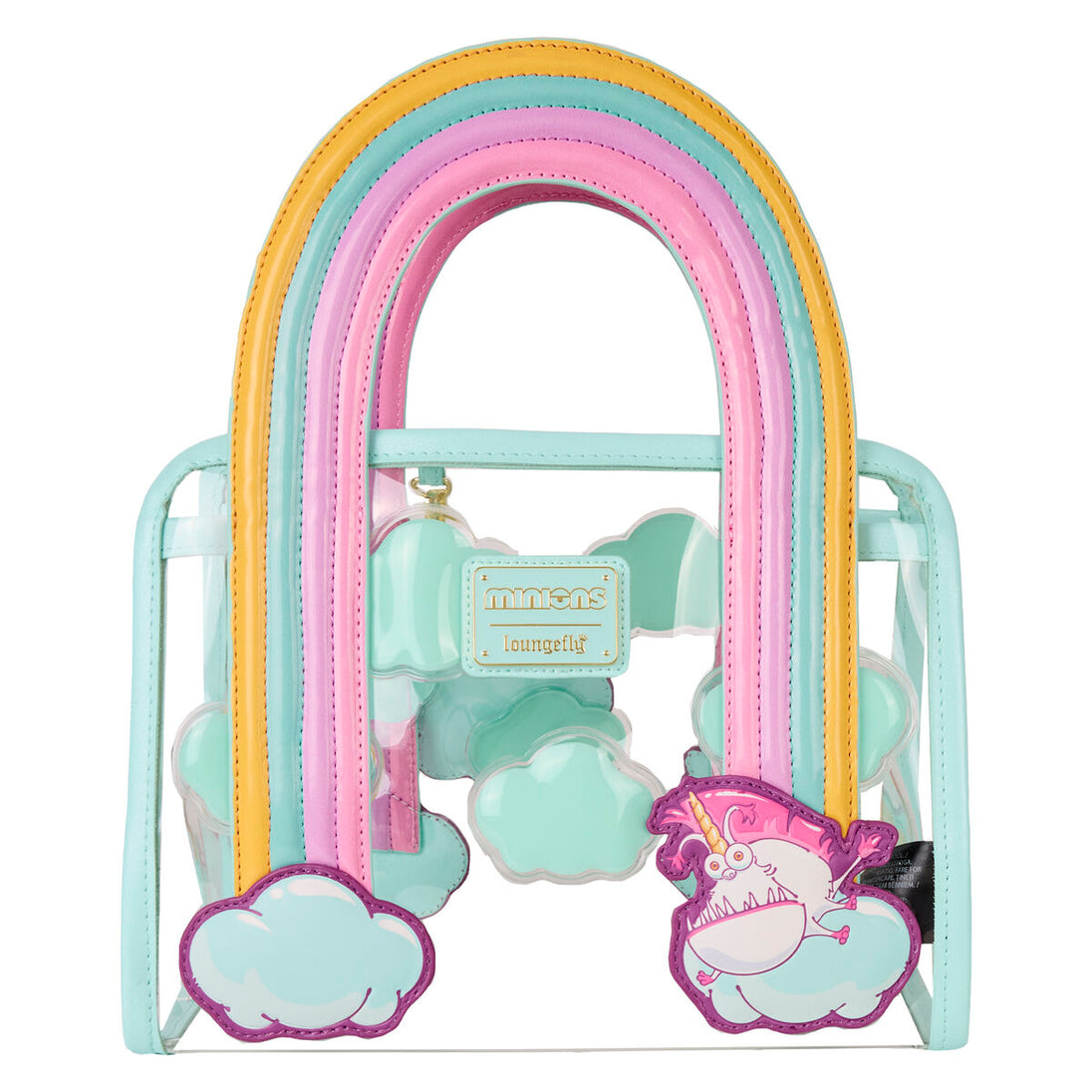 Vue latérale du sac Loungefly Minions Licorne Fluffy montrant la fermeture et la bandoulière ajustable.