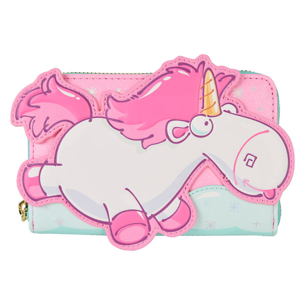Vue avant du portefeuille Loungefly Minions Licorne Fluffy avec motifs colorés et design original