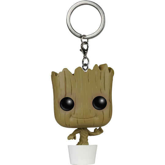 Vue rapprochée du porte-clés Funko POP Baby Groot montrant sa finition vinyle brillante