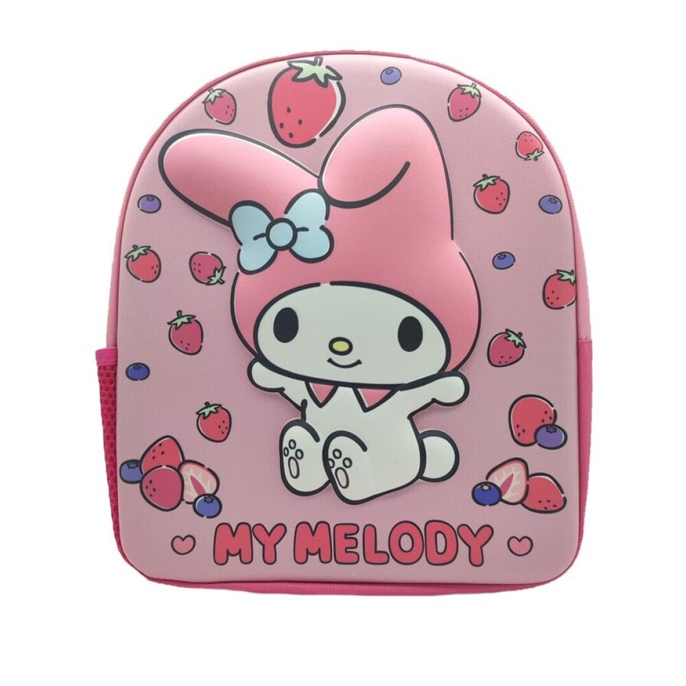 Vue de côté du sac à dos SANRIO Hello Kitty My Melody montrant les bretelles ajustables et la texture résistante.
