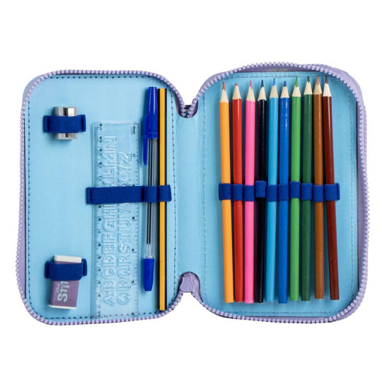 Trousse double ouverte montrant les deux compartiments spacieux pour crayons et accessoires