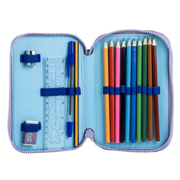 Trousse double ouverte montrant les deux compartiments spacieux pour crayons et accessoires