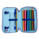 Trousse double ouverte montrant les deux compartiments spacieux pour crayons et accessoires