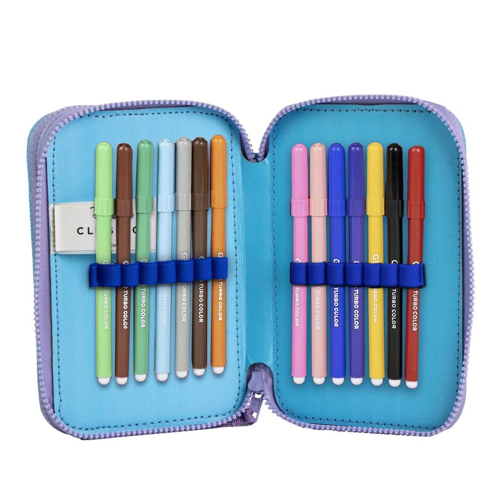 Gros plan sur le tissu et les détails de la fermeture éclair de la trousse Disney Stitch