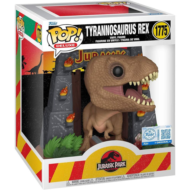 Vue rapprochée de la figurine Funko POP Tyrannosaurus Rex Jurassic Park montrant les détails précis et la finition soignée.