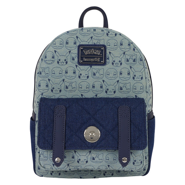 Vue avant du sac à dos Loungefly Pokémon en denim bleu avec logo Pokémon visible