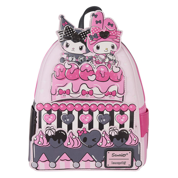 Sac à dos Loungefly Sanrio My Melody et Kuromi vue de face avec motifs colorés et détails précis
