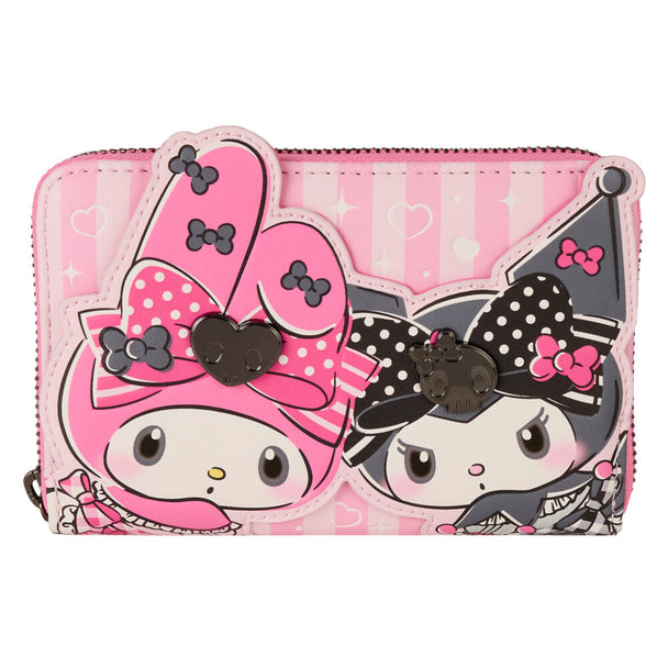 Vue de face du portefeuille Loungefly Sanrio avec My Melody et Kuromi, motifs colorés et détails soignés