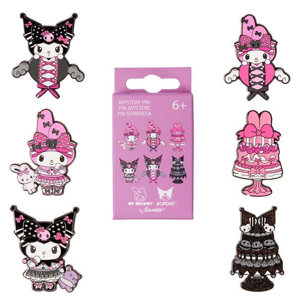 Pin's émaillé Loungefly Sanrio My Melody et Kuromi présenté dans une boîte mystère, dimensions 3,18x1,27x4,45cm.