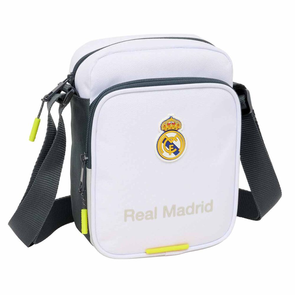 Sac bandoulière Real Madrid 25/26 vue de face avec logo officiel SAFTA et fermeture éclair