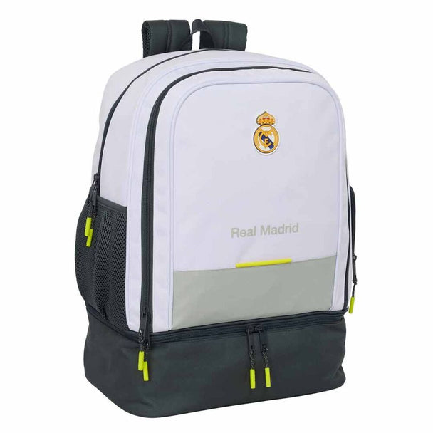 Vue avant du sac à dos Real Madrid 25/26 SAFTA montrant le logo et la grande poche zippée frontale