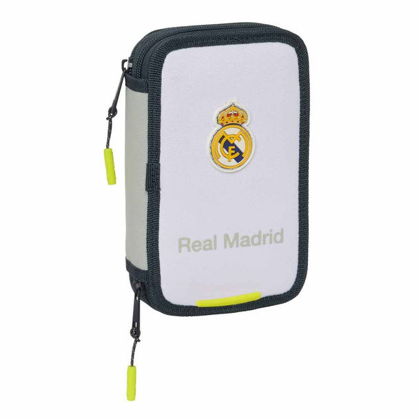 Trousse double Real Madrid 25/26 ouverte montrant les 29 pièces incluses pour l’école et le dessin