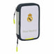 Trousse double Real Madrid 25/26 ouverte montrant les 29 pièces incluses pour l’école et le dessin