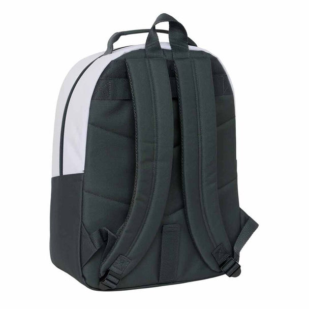 Vue de face du sac à dos Real Madrid 25/26 avec grande poche frontale et double fermeture éclair