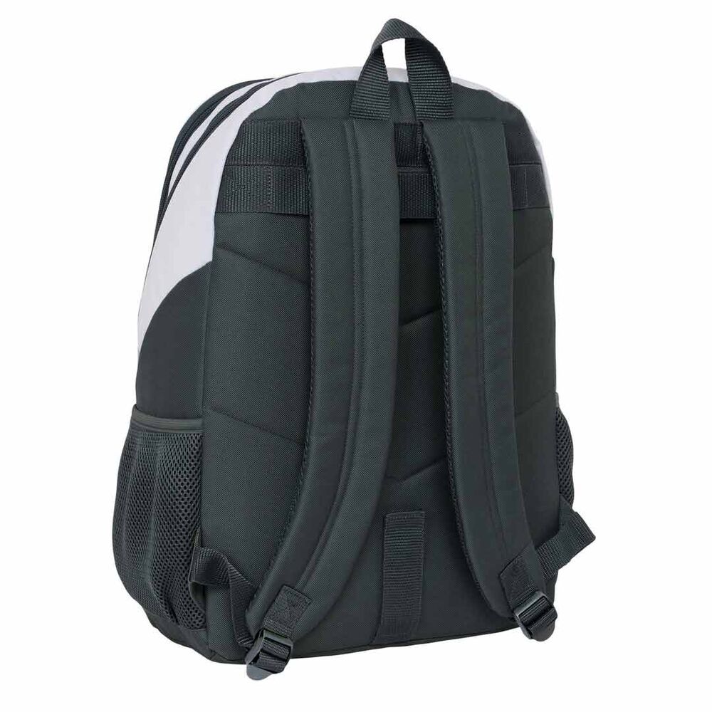 Vue latérale du sac à dos Real Madrid 25/26 montrant la poche pour bouteille et le trolley adaptable