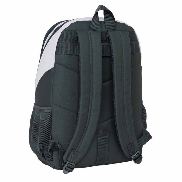 Vue latérale du sac à dos Real Madrid 25/26 montrant la poche pour bouteille et le trolley adaptable