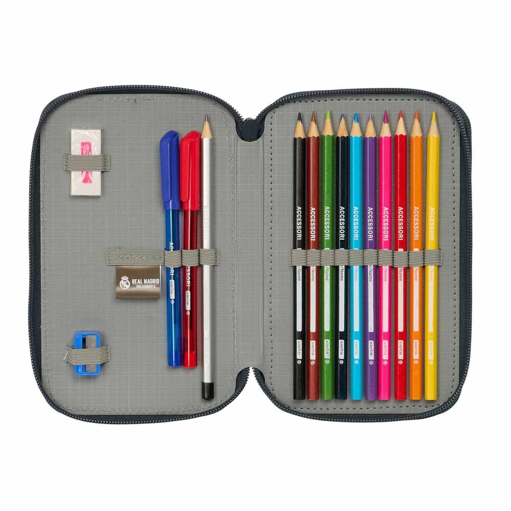 Deuxième compartiment rempli de 10 crayons de couleur en bois et 14 feutres colorés pour dessiner