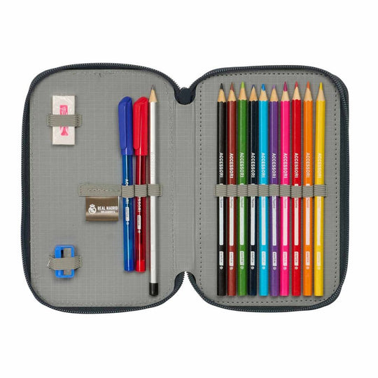 Deuxième compartiment rempli de 10 crayons de couleur en bois et 14 feutres colorés pour dessiner