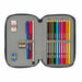 Deuxième compartiment rempli de 10 crayons de couleur en bois et 14 feutres colorés pour dessiner