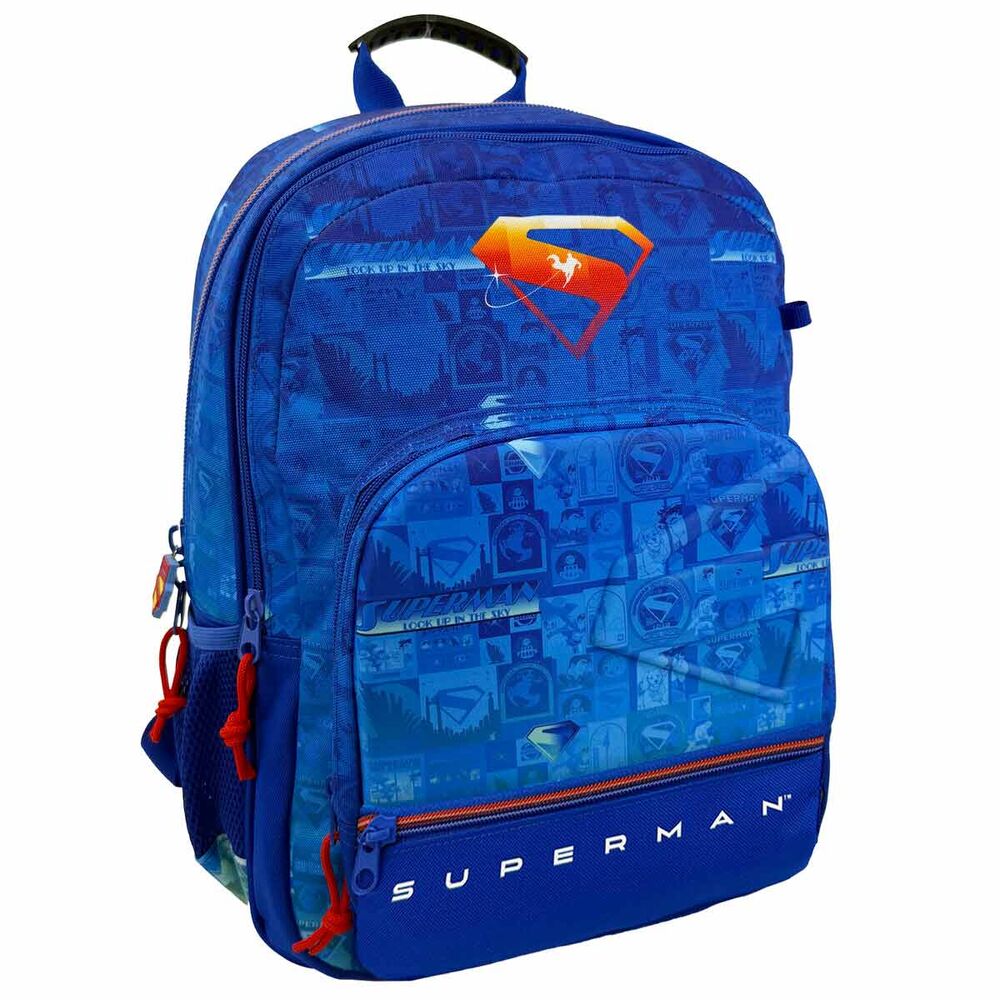 Vue de côté du sac à dos Superman montrant les poches latérales en mesh renforcé