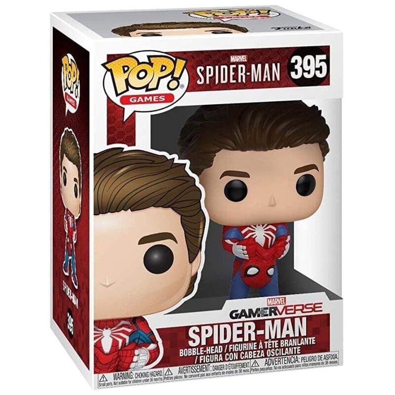 Vue latérale de la figurine Funko POP Spider-Man Marvel unmasked montrant la posture dynamique du personnage
