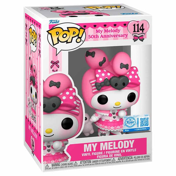 Vue rapprochée de la figurine Funko POP My Melody 50e anniversaire montrant les détails et la boîte collector
