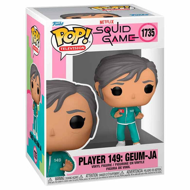 Vue rapprochée de la figurine Funko POP Geum-Ja, joueur 149, montrant les détails précis du design