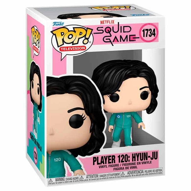 Vue détaillée de la figurine Funko POP Hyun-ju de Squid Game, modèle 120, présentée en boîte collector