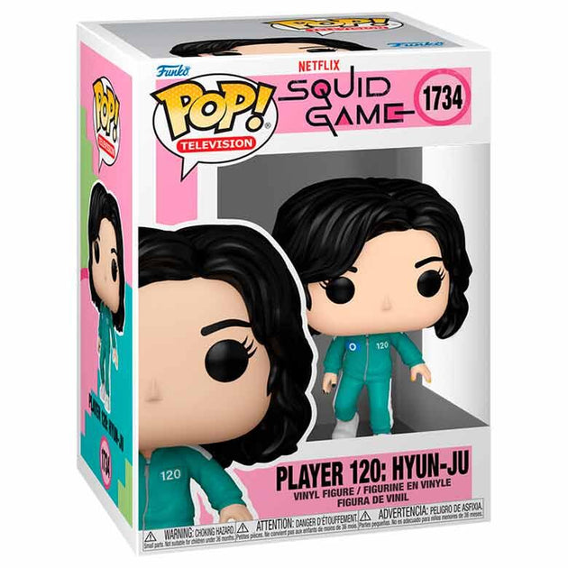 Vue détaillée de la figurine Funko POP Hyun-ju de Squid Game, modèle 120, présentée en boîte collector