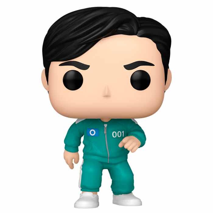 Figurine Funko POP Squid Game Joueur 001 en vinyle de 9cm, présentée dans sa boîte cadeau officielle FUNKO.