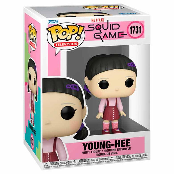 Vue rapprochée de la figurine Funko POP Squid Game Young-Hee, détaillant ses couleurs et finitions précises en vinyle.